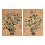 Two Chinese 'Flower vase' paintings, ink and watercolour on paper, signed, 50,3 x 36,5 cm (painting