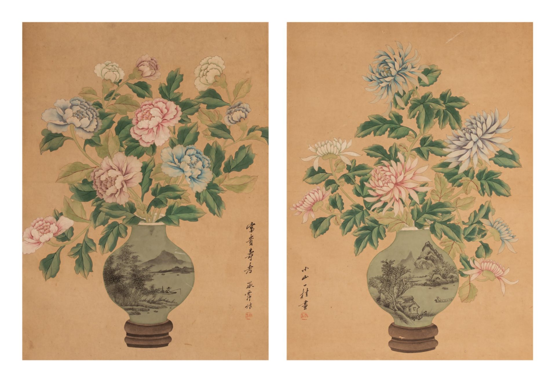 Two Chinese 'Flower vase' paintings, ink and watercolour on paper, signed, 50,3 x 36,5 cm (painting