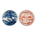 A Chinese iron-red ‘Dragon’ dish and a blue and white 'Crane' dish, marked Guangxu and possibly of t