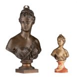 A larger and a smaller bronze bust of Diana, both after Houdon, H 27 - 47 cm