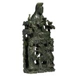 A Chinese green jade carving of seated Guanyin, H 75 - W 36 - D 14 cm