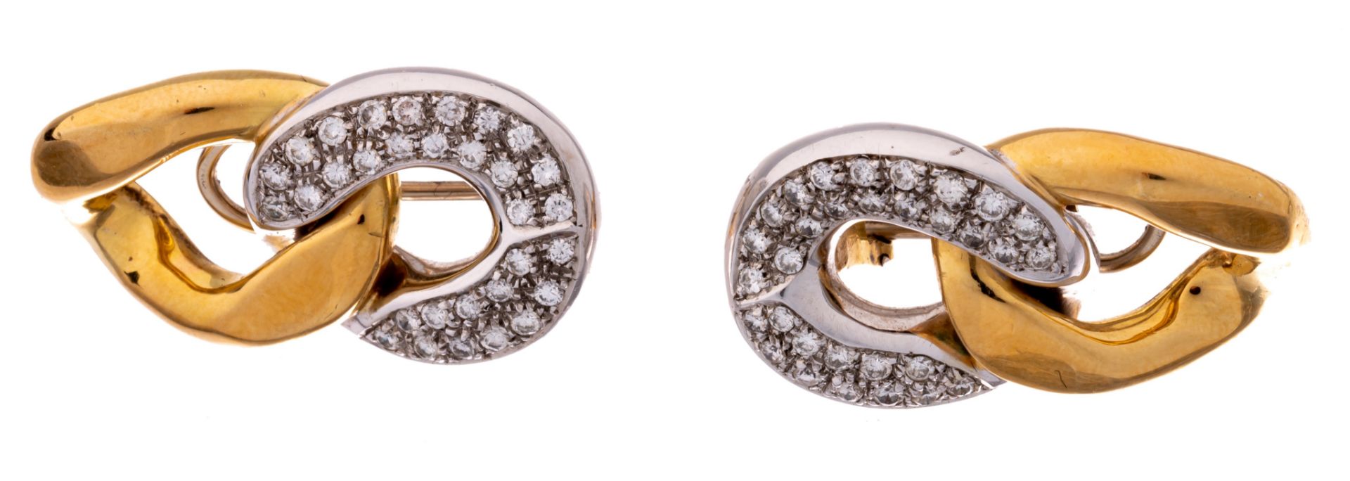 A pair of yellow and white 18ct gold earrings, set with brilliant-cut diamonds, H 4 cm - Bild 3 aus 4