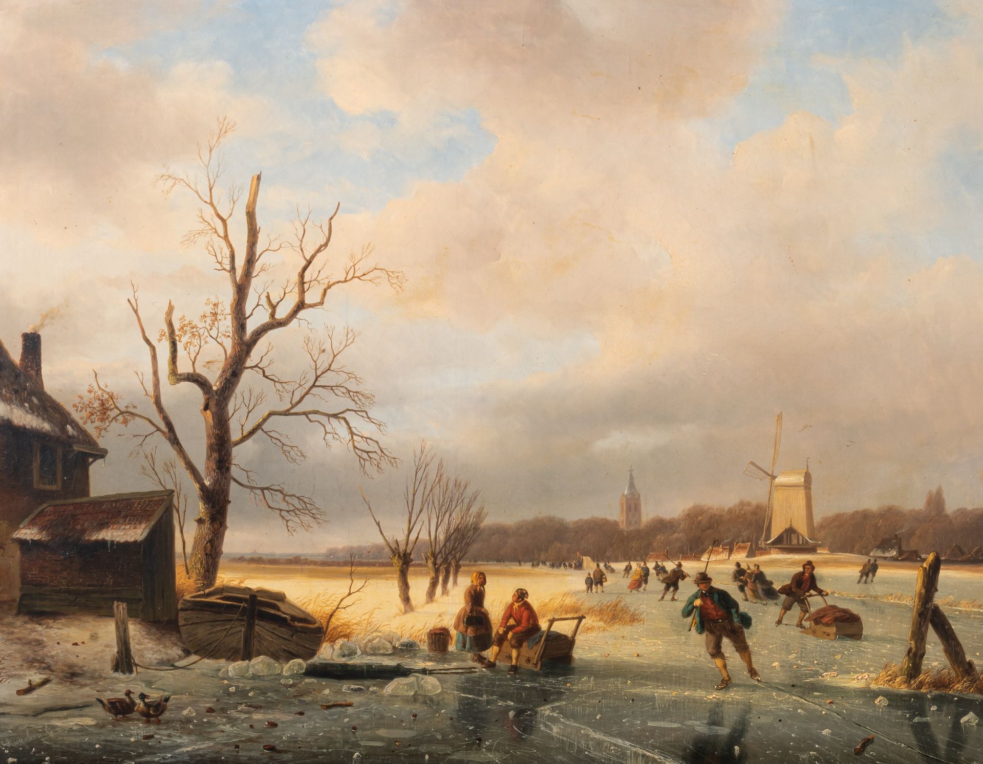 Nicolaas Johannes Roosenboom (1805-1880), skaters on the ice, oil on canvas, 58 x 75 cm