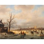 Nicolaas Johannes Roosenboom (1805-1880), skaters on the ice, oil on canvas, 58 x 75 cm