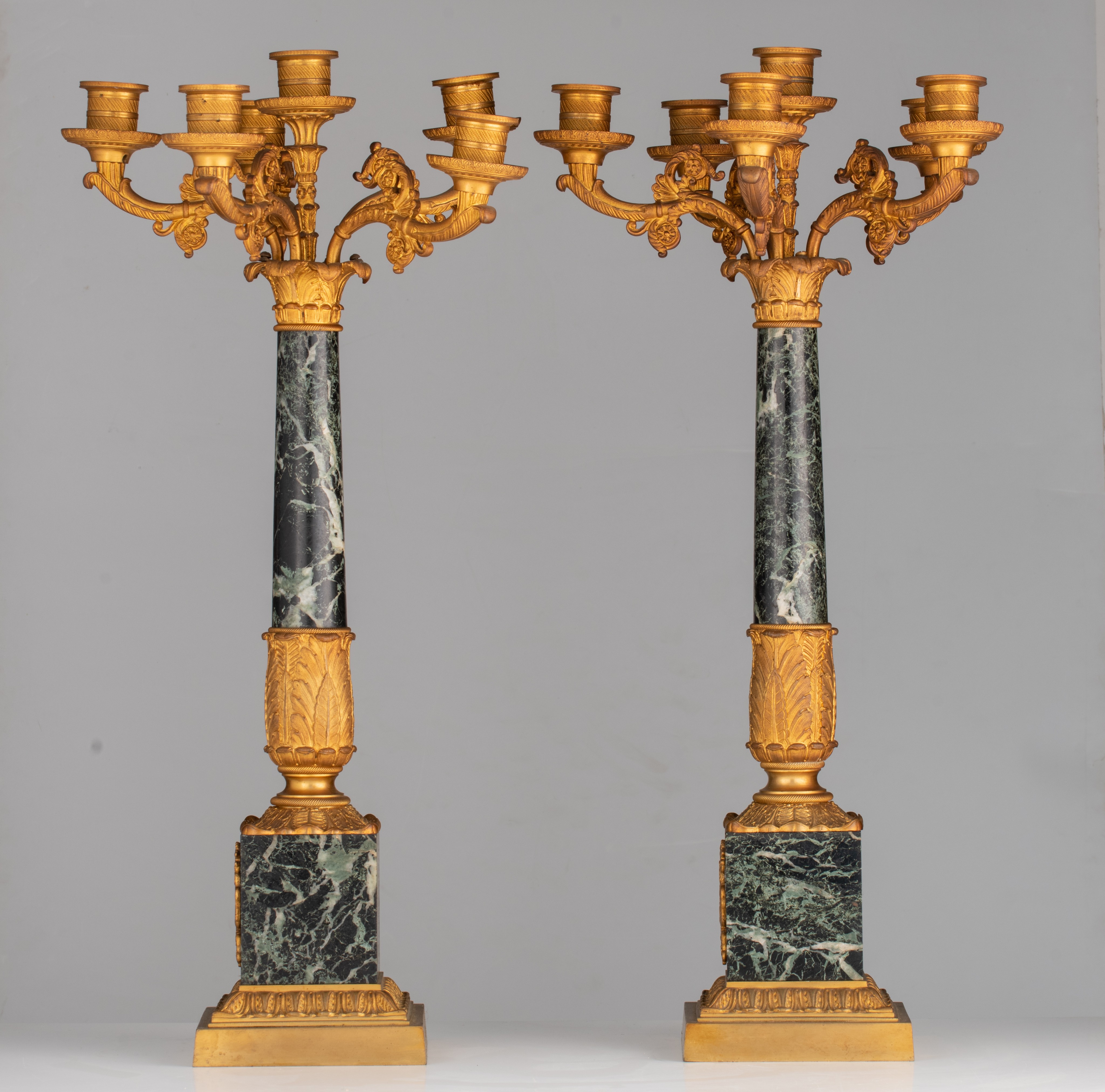 An Empire style three-piece mantle set, after a model of Antoine-André Ravrioh, H 51 - 67 cm - Image 12 of 14