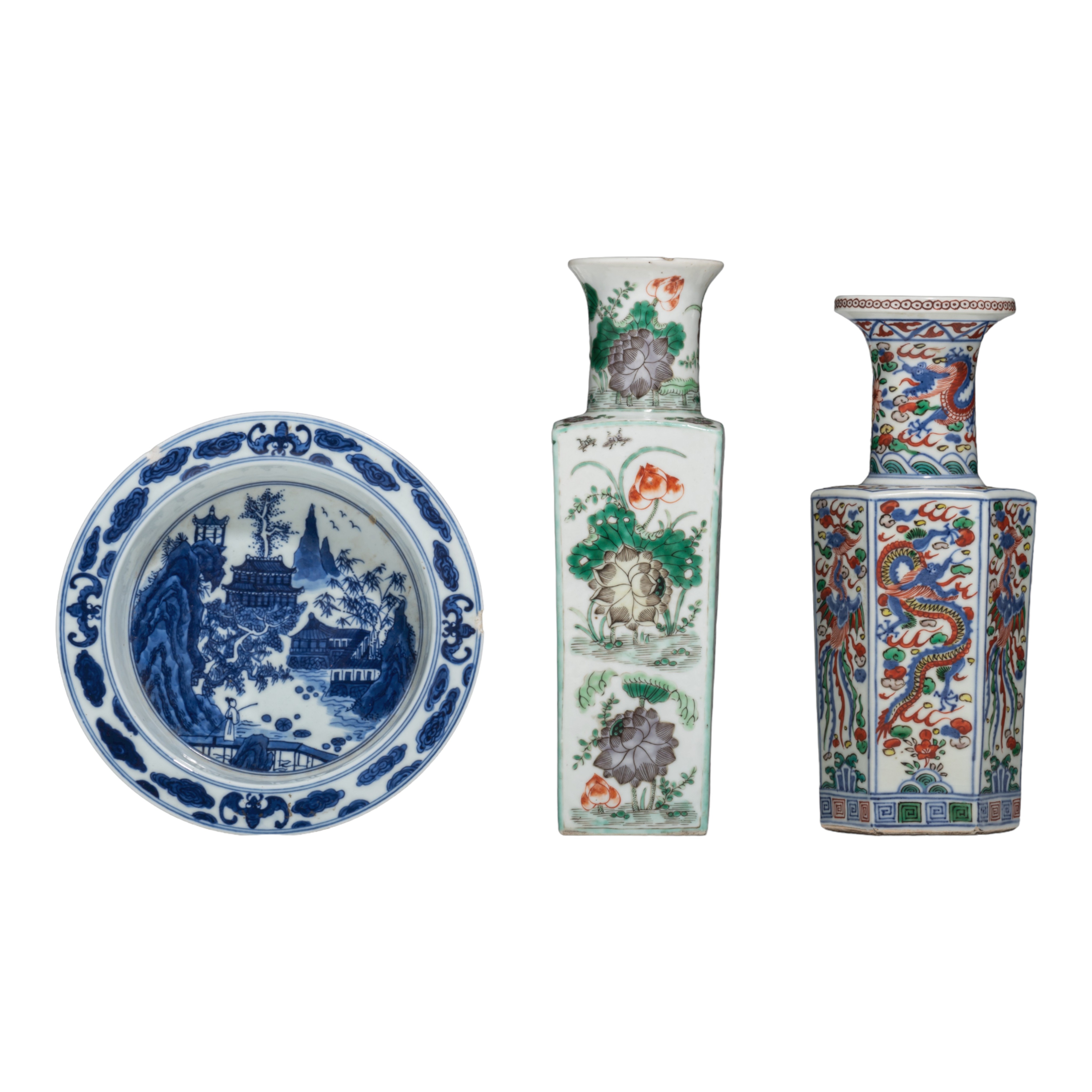 A Chinese famille verte fang hu vase, a wucai vase, blue and white small basin, all marked, 19thC an