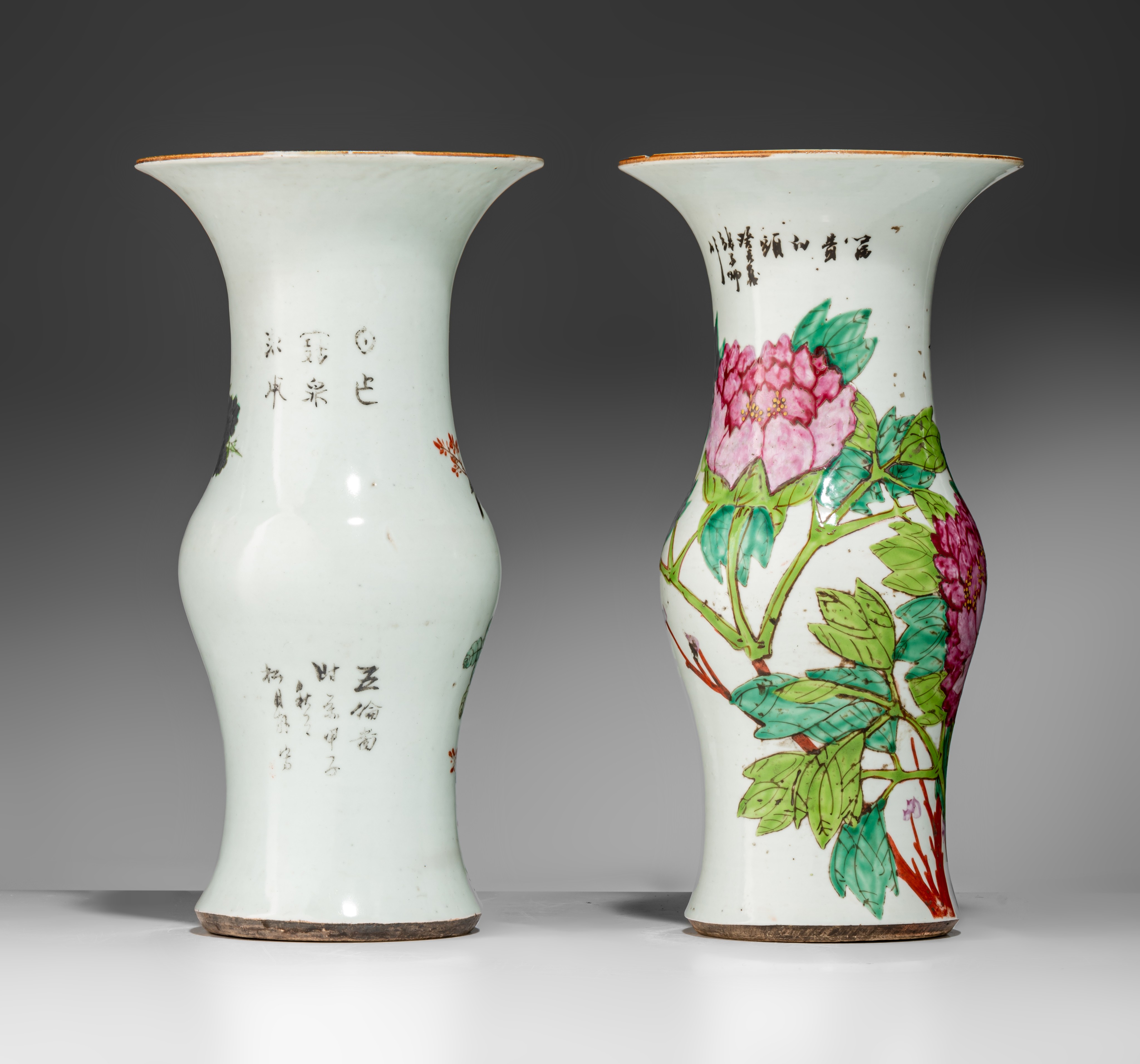 Four Chinese Qianjiangcai and famille rose phoenix-tail vases, Republic period, H 36 cm - Image 6 of 7