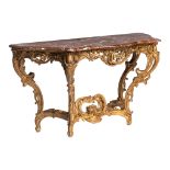 A fine giltwood Rococo console table, with a Rouge Royal marble top, mid 18thC, H 85 - W 158 - D 67