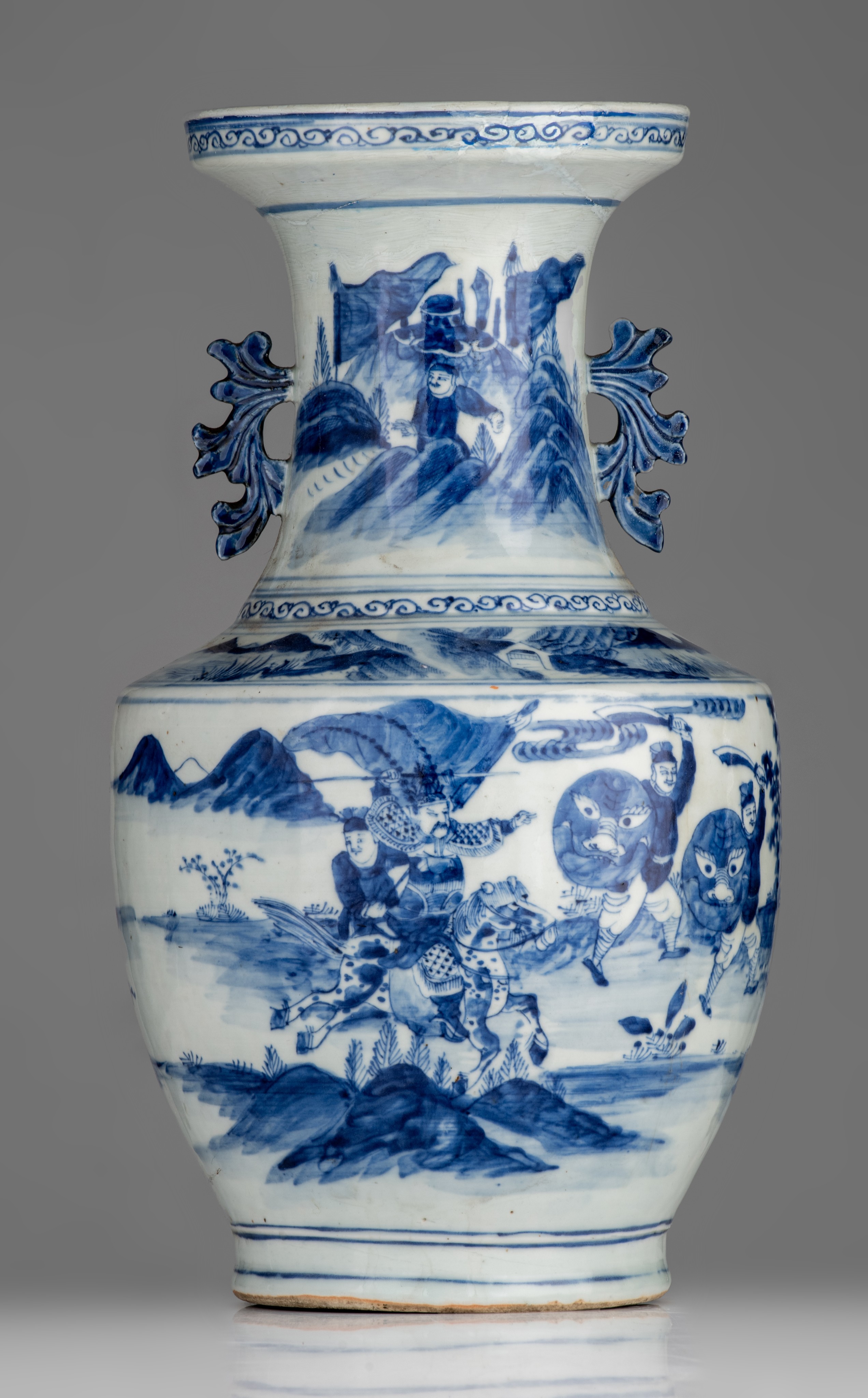 A Chinese blue and white Hu vase, paired with foliate handles, 19thC, H 44 cm - and a ditto jar, 19t - Image 4 of 13