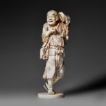 A Japanese ivory okimono of a jolly sluggard, signed, Meiji period, H 21,1 cm, 528 g (+)