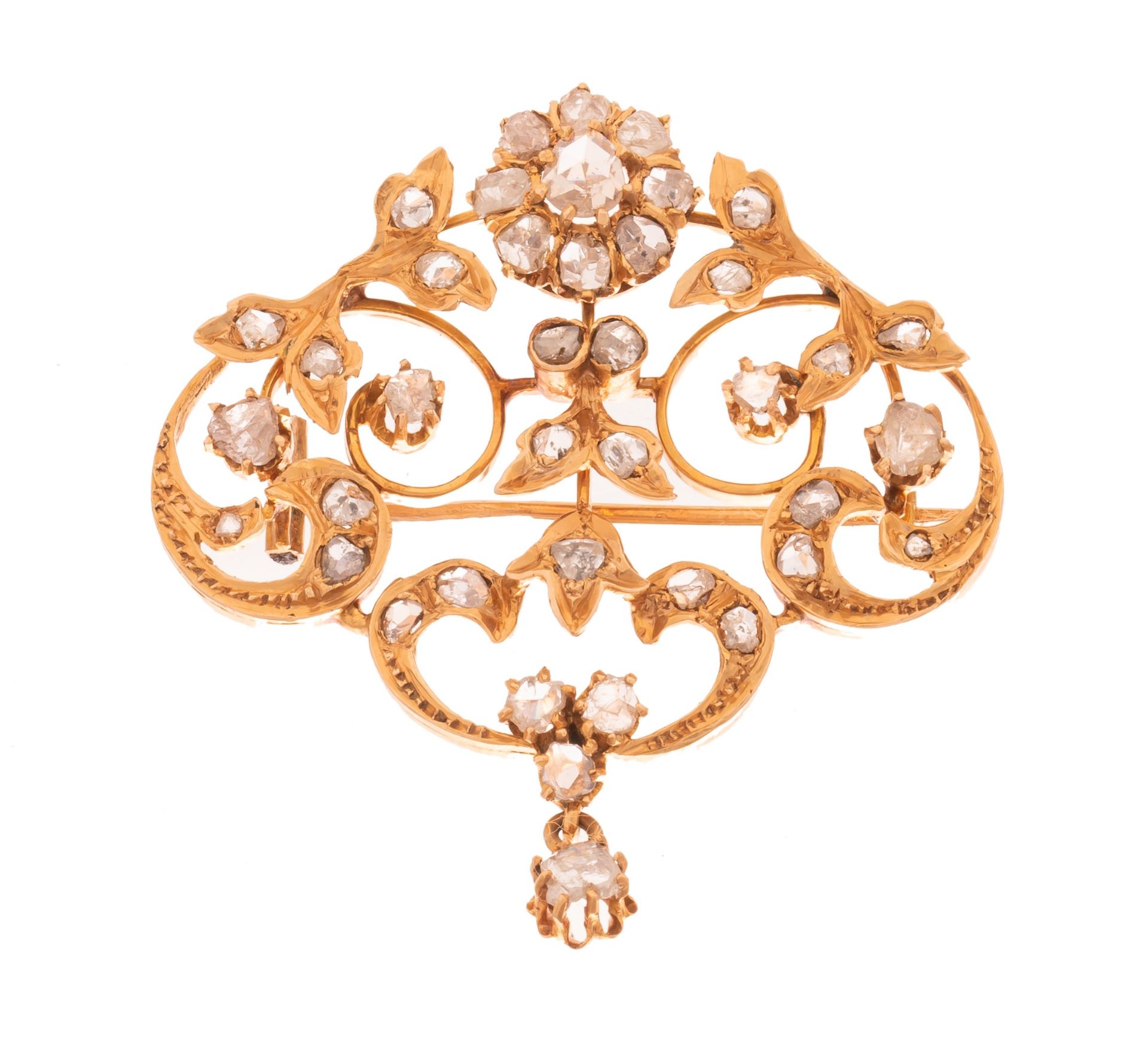 A Belle Epoque brooch in 18ct yellow gold, with rose-cut diamonds, H 4,2 cm - 8 g