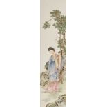 A Chinese famille rose 'Beauty in a garden' plaque, Republic period, 76,5 x 19,2 cm