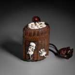 A Japanese wood inro depicting a basket with inlaid bone rats, Edo/Meiji period