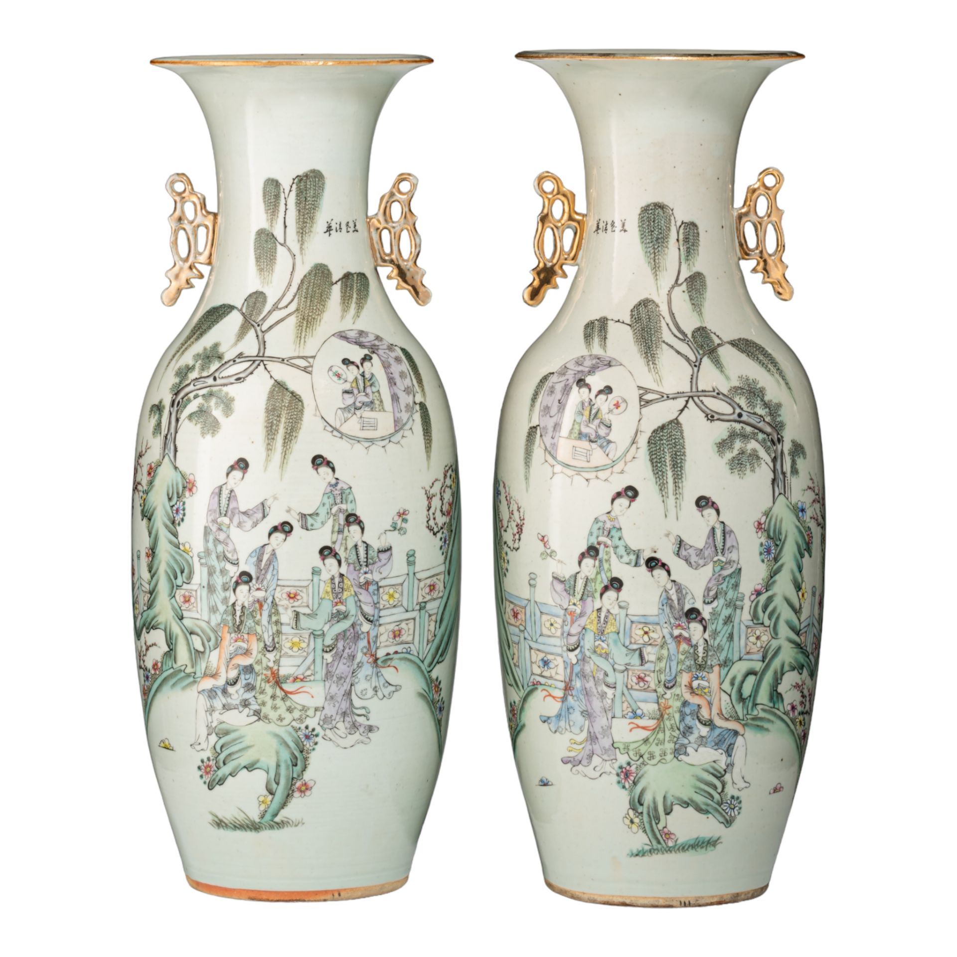 A pair of Chinese famille rose vases, with a signed text, paired with lingzhi handles, Republic peri