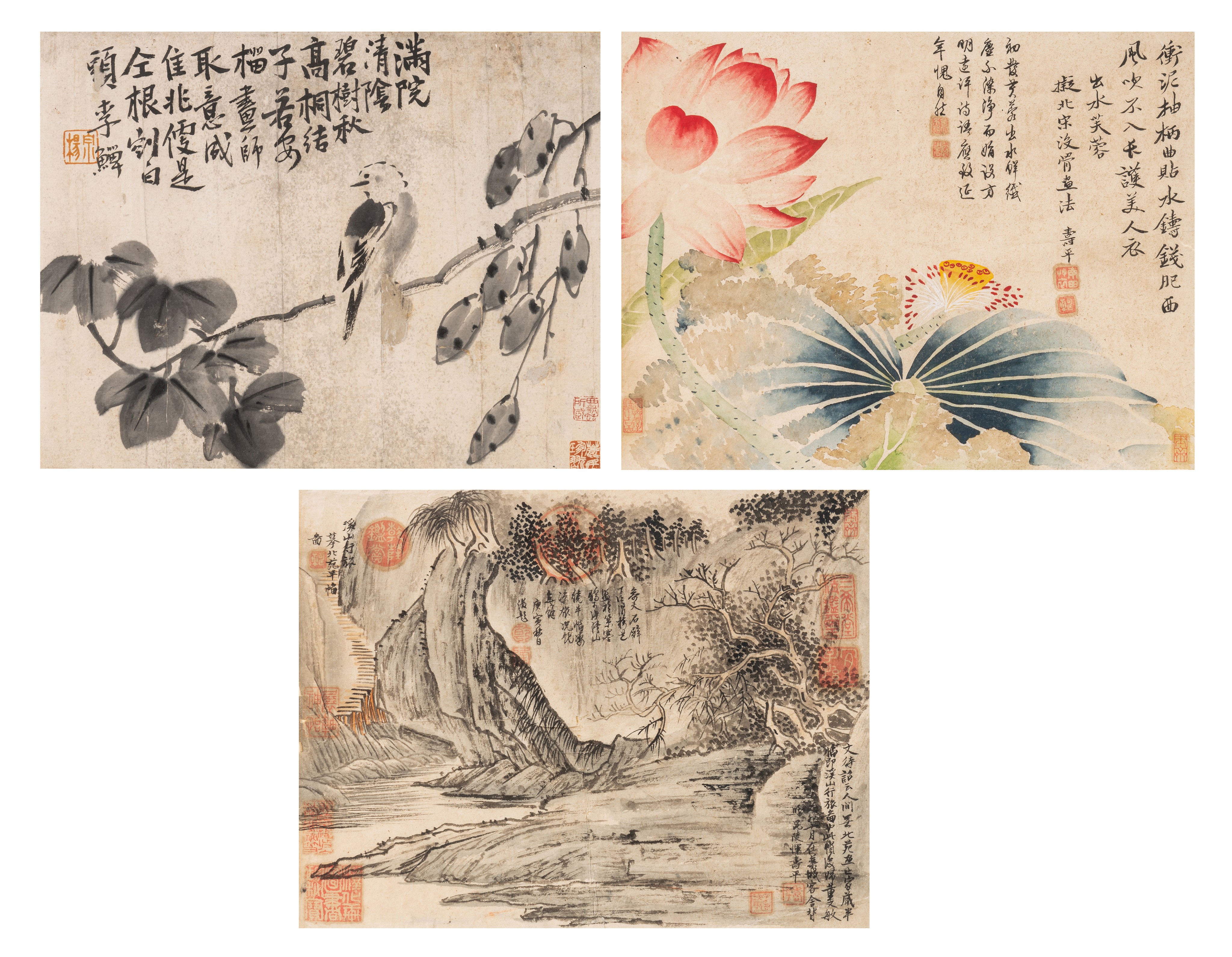 Three Chinese paintings, ink and watercolour on paper, with signature or seal reading Shou Ping and