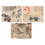Three Chinese paintings, ink and watercolour on paper, with signature or seal reading Shou Ping and