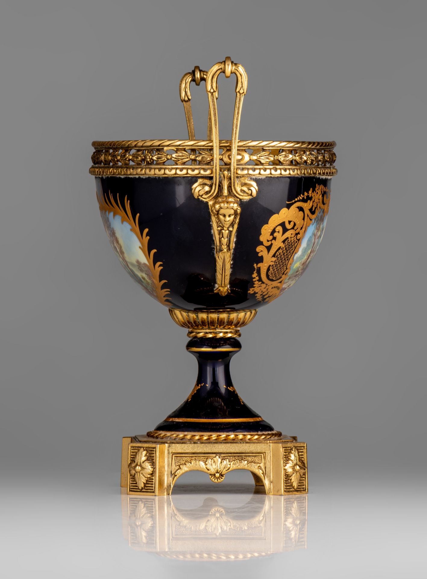 A three-piece Sèvres garniture set, decorated with gallant scenes, signed 'J. Césana', H 28,5 - 42,5 - Image 5 of 15