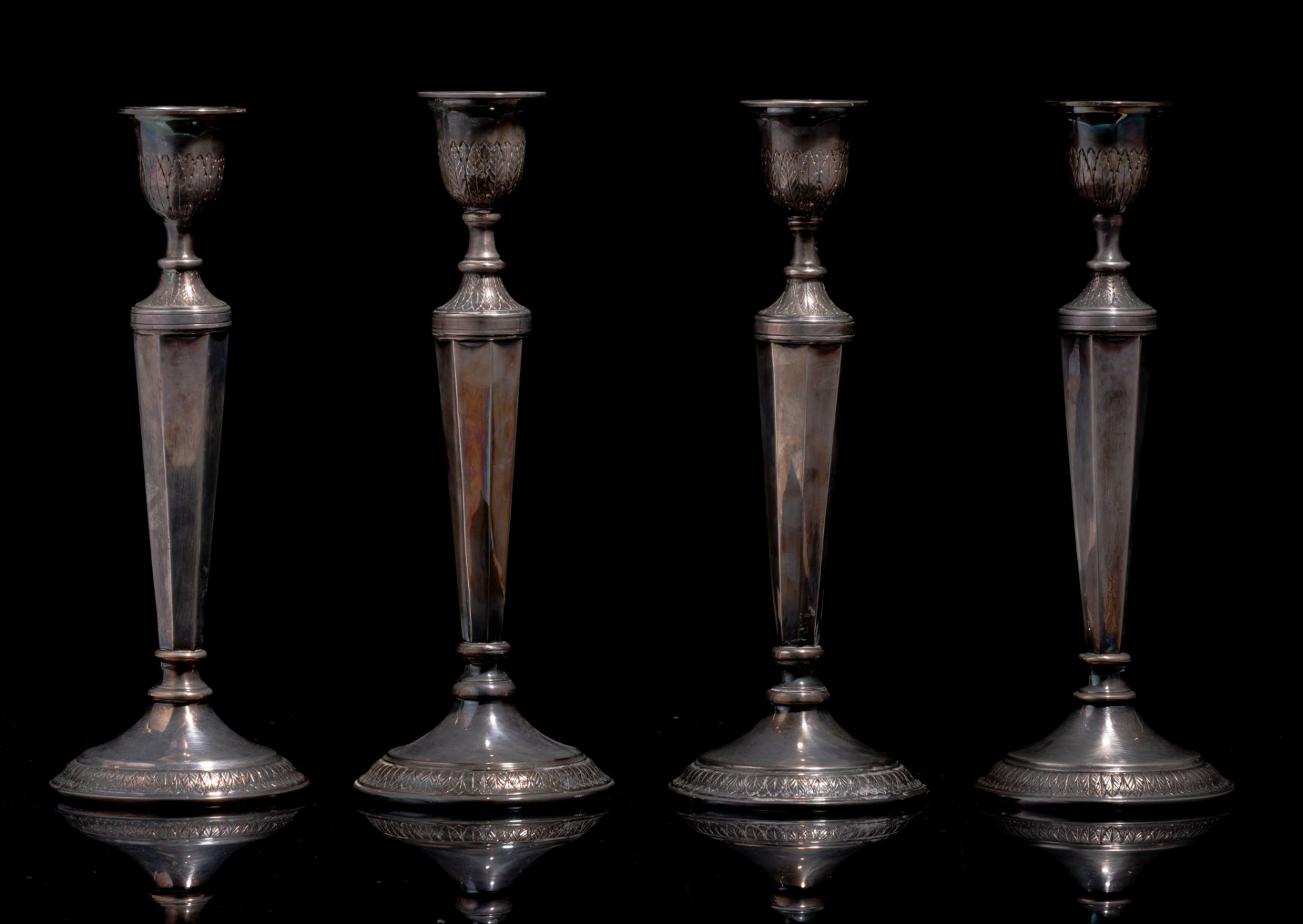 A set of four Neoclassical silver candlesticks by Albert Charlent, Brussels, 20thC, 835/000 H 32,5 - - Bild 3 aus 11