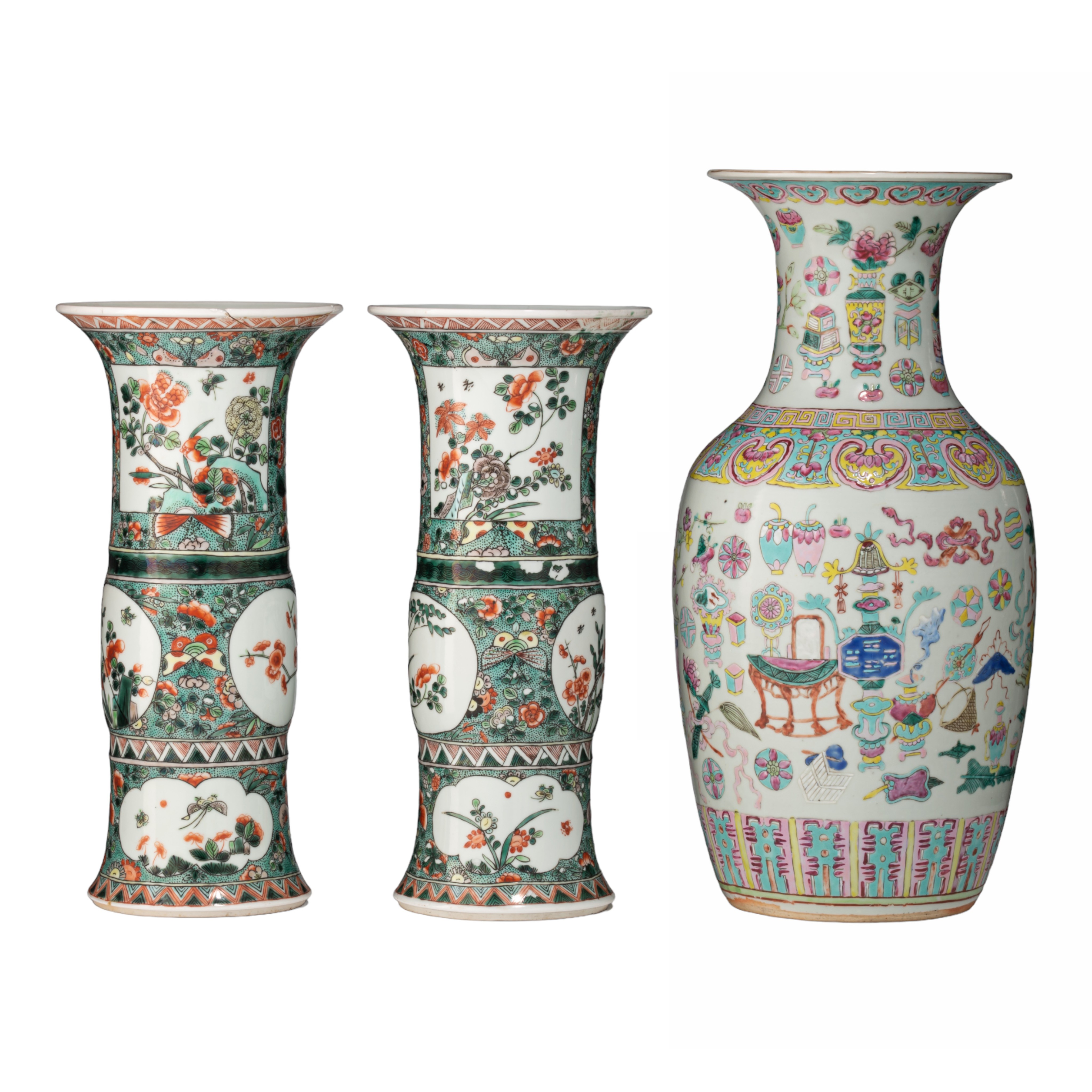 A pair of Chinese famille verte Gu vases, 19thC, H 36 cm - and a famille rose 'One Hundred Antiquiti