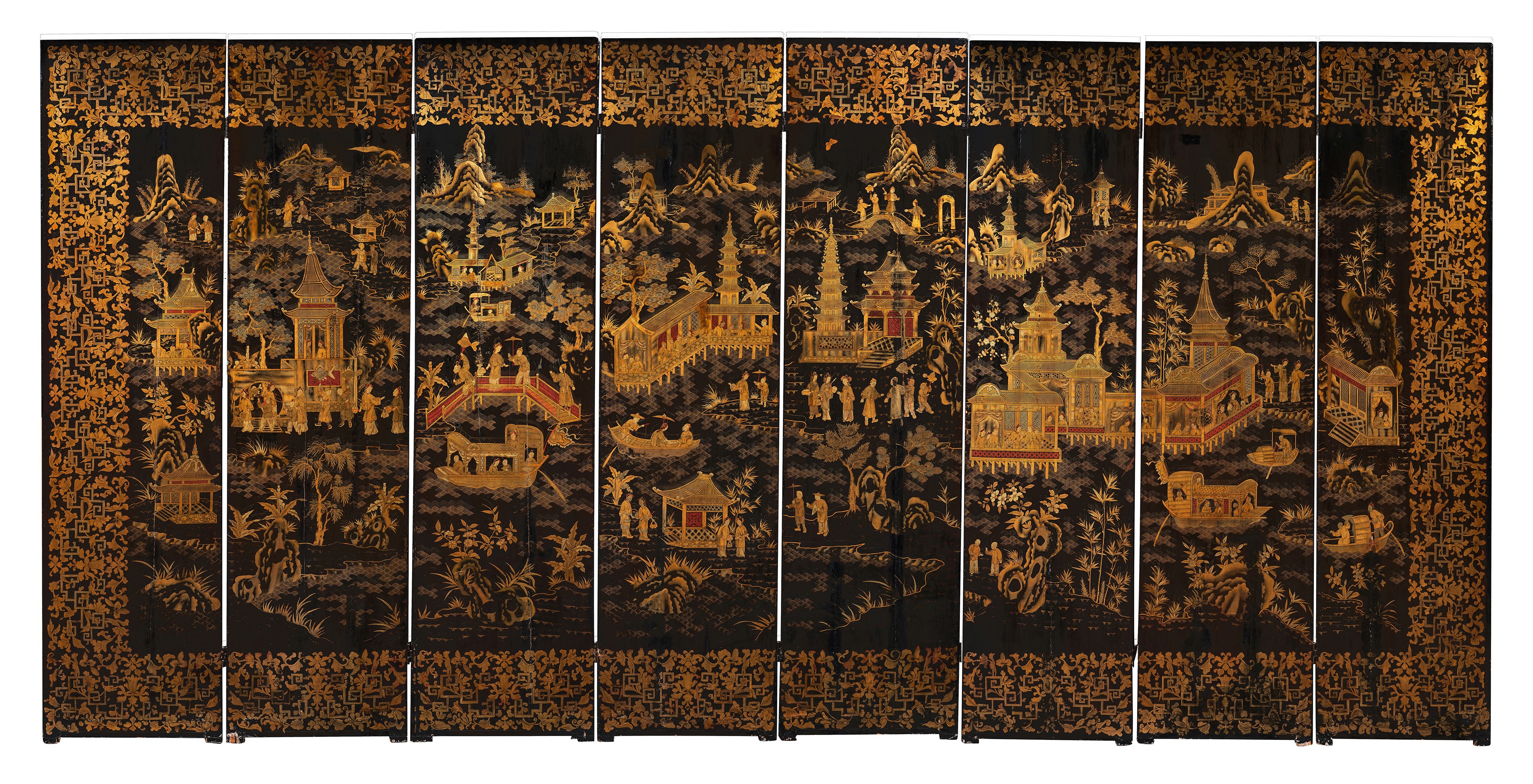 A Chinese export eight-panel gilt and black lacquer screen, late Qing dynasty, late 18thC/early 19th