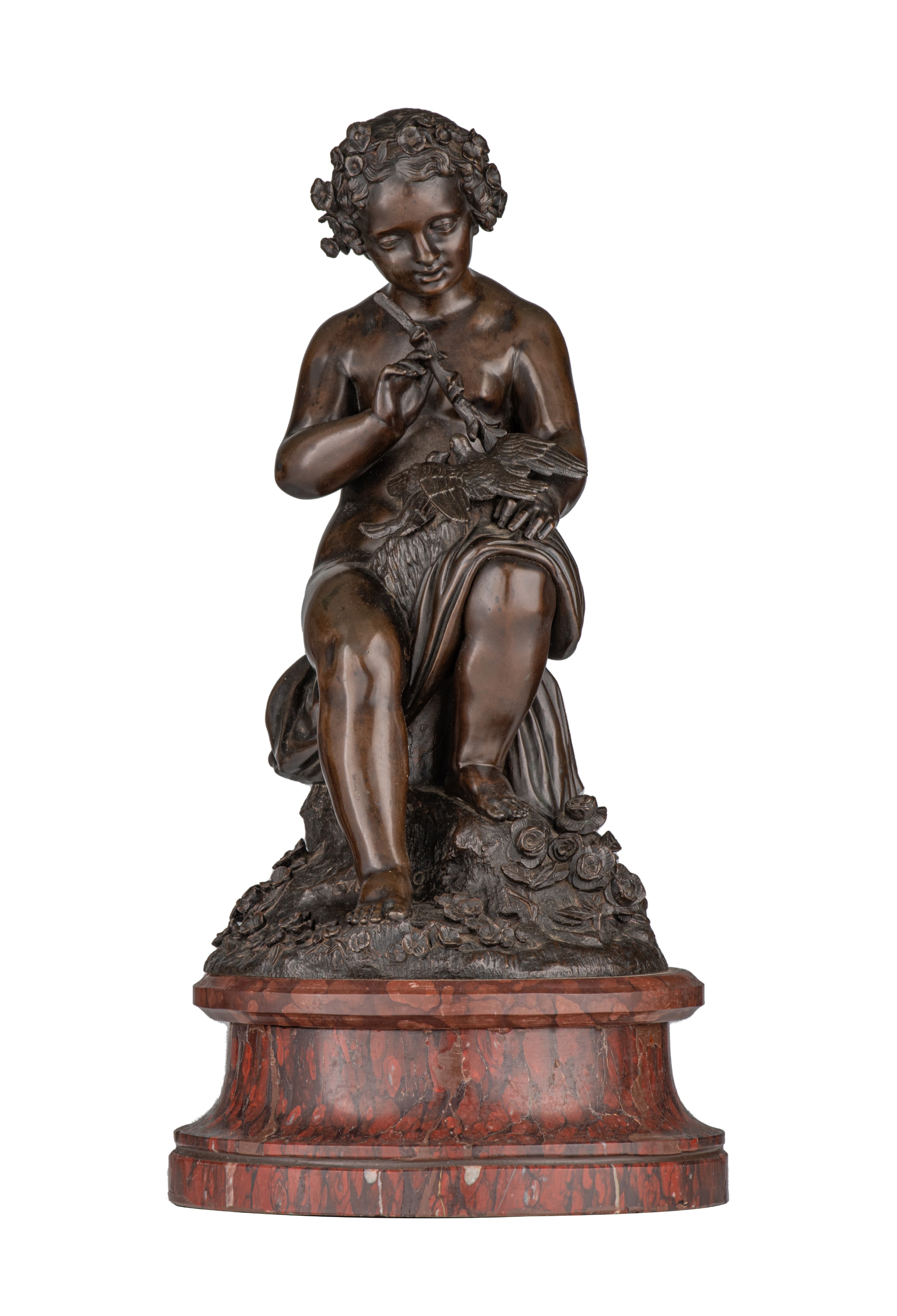 Cyprien Venot François, a patinated bronze sculpture of a putto with doves, H 42 cm