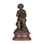 Cyprien Venot François, a patinated bronze sculpture of a putto with doves, H 42 cm