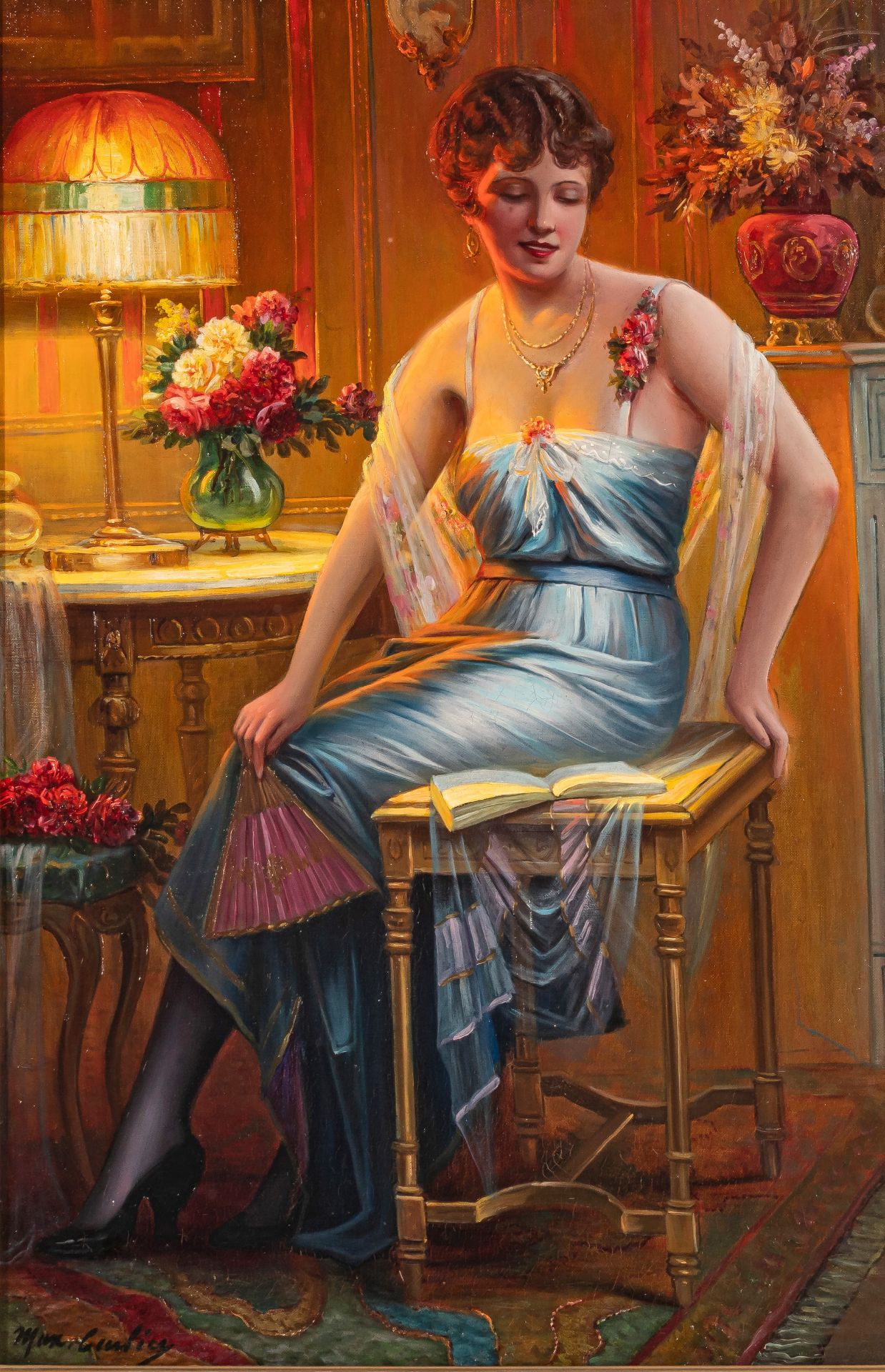 Max Carlier (1872-1938), elegant lady in an interior, oil on canvas, 54 x 81 cm