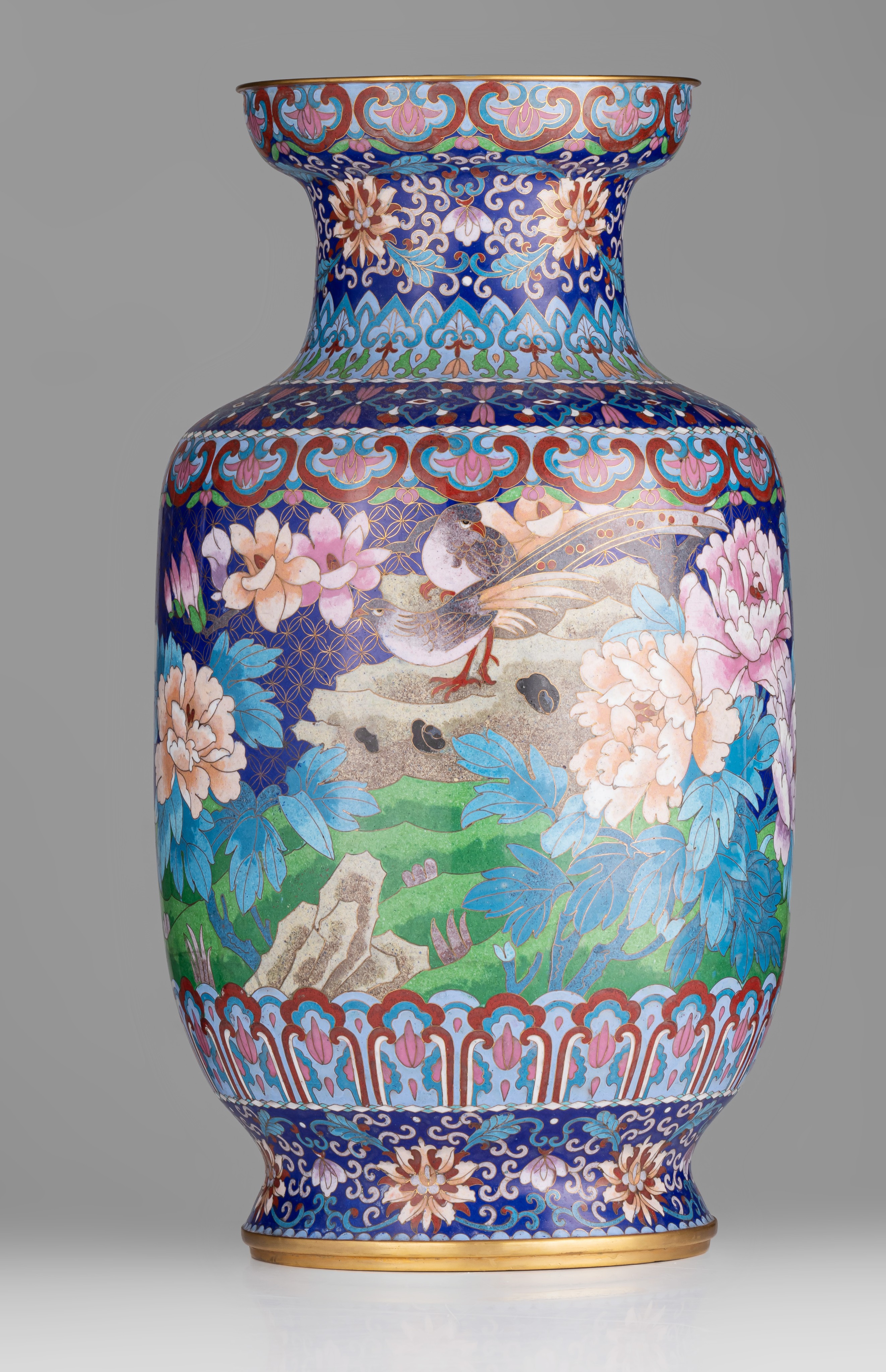 A pair of Chinese cloisonné enamelled 'Birds and peonies' bronze vases, 20thC, H 51,5 cm - Image 3 of 14