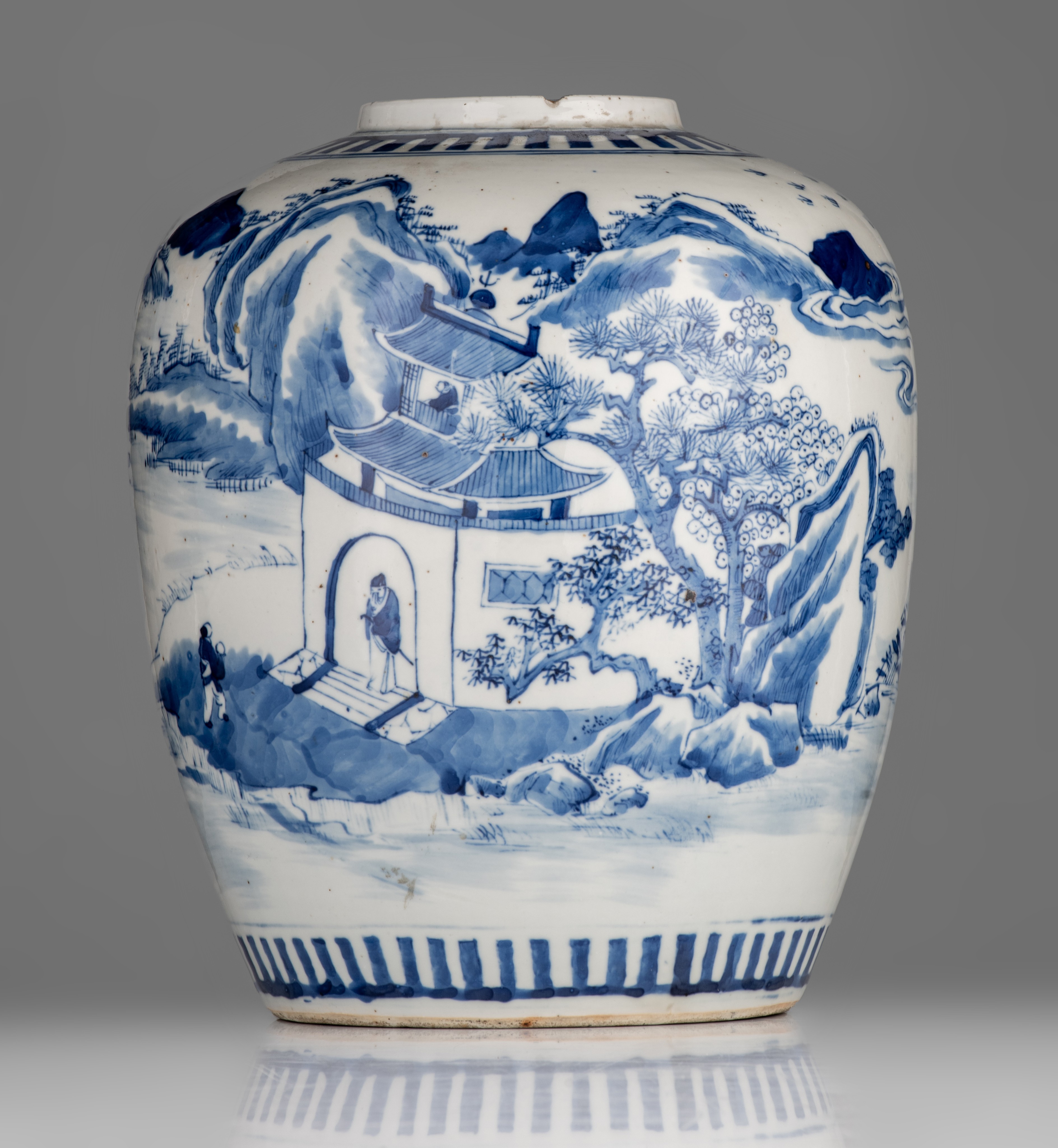 A Chinese blue and white Hu vase, paired with foliate handles, 19thC, H 44 cm - and a ditto jar, 19t - Image 8 of 13