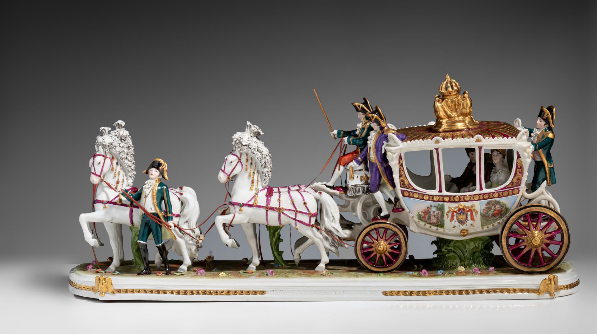 A Saxony porcelain group of the bridal chariot of Napoleon Bonaparte, H 29 - W 67 cm - Image 3 of 10