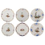 An important collection of six 18thC Tournai soft porcelain dishes, decorated 'à La Haye' (Hague), ø