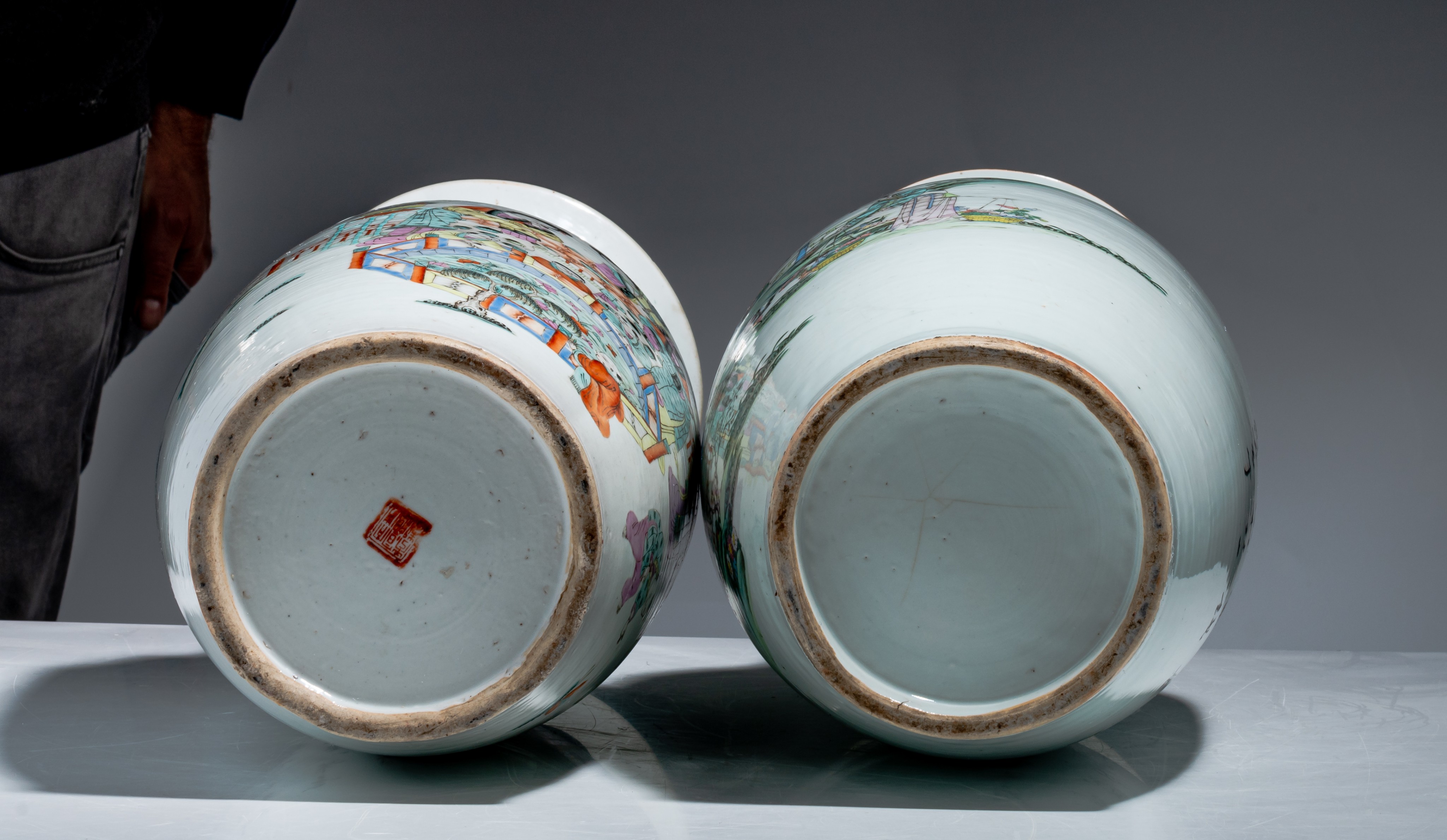 Two Chinese famille rose vases, with a signed text, Republic period, H 58,5 - 60 cm - Image 7 of 7