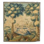 A 17thC wall tapestry, depicting waterfowl in a castle pond, H 213 - W 199 cm