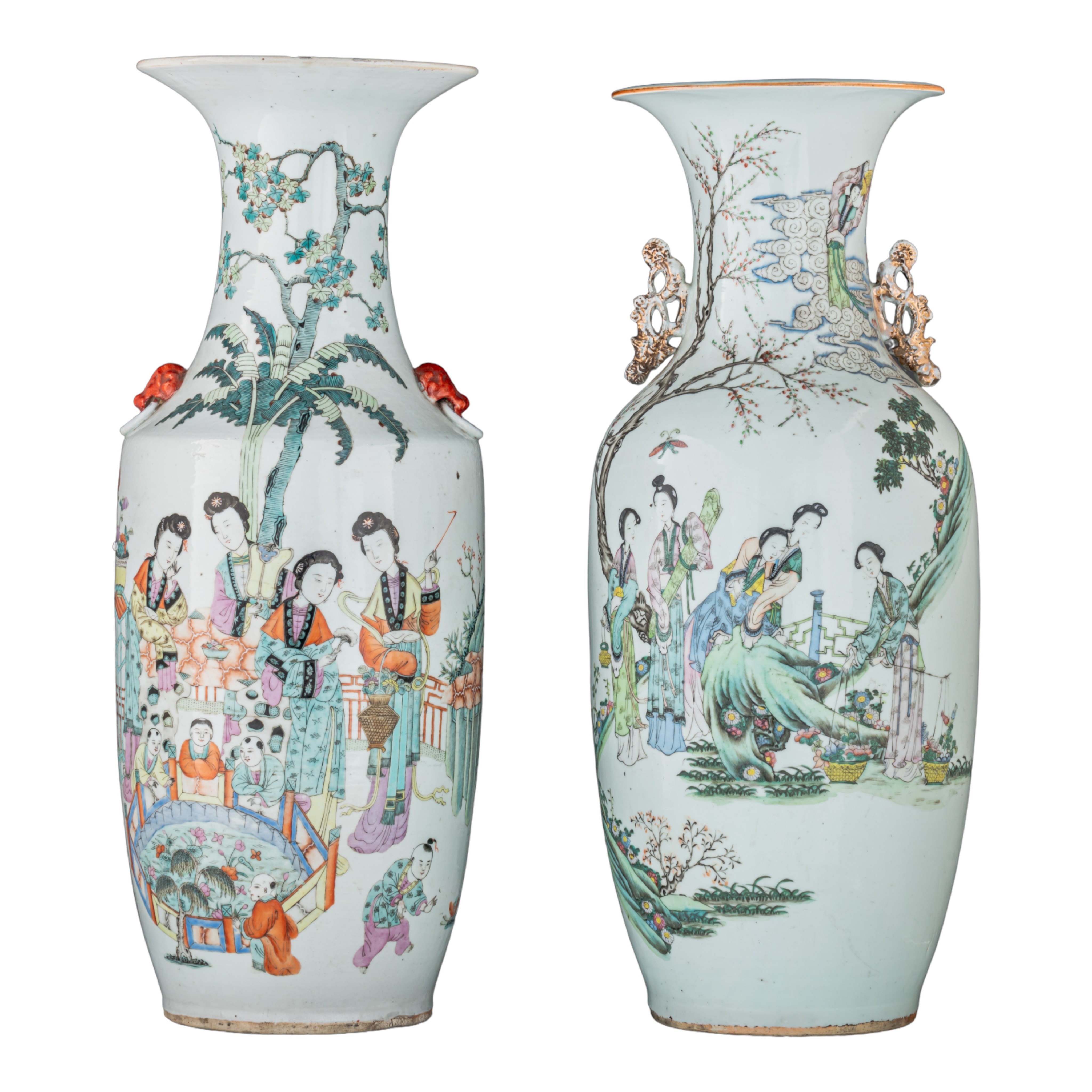 Two Chinese famille rose vases, with a signed text, Republic period, H 58,5 - 60 cm