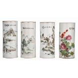 A collection of four Chinese Qianjiangcai cylindrical vases, each with a signed text, Republic perio