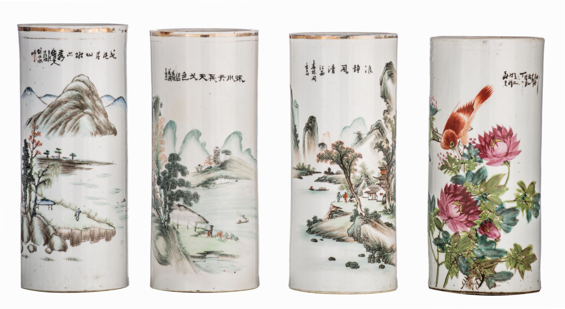 A collection of four Chinese Qianjiangcai cylindrical vases, each with a signed text, Republic perio