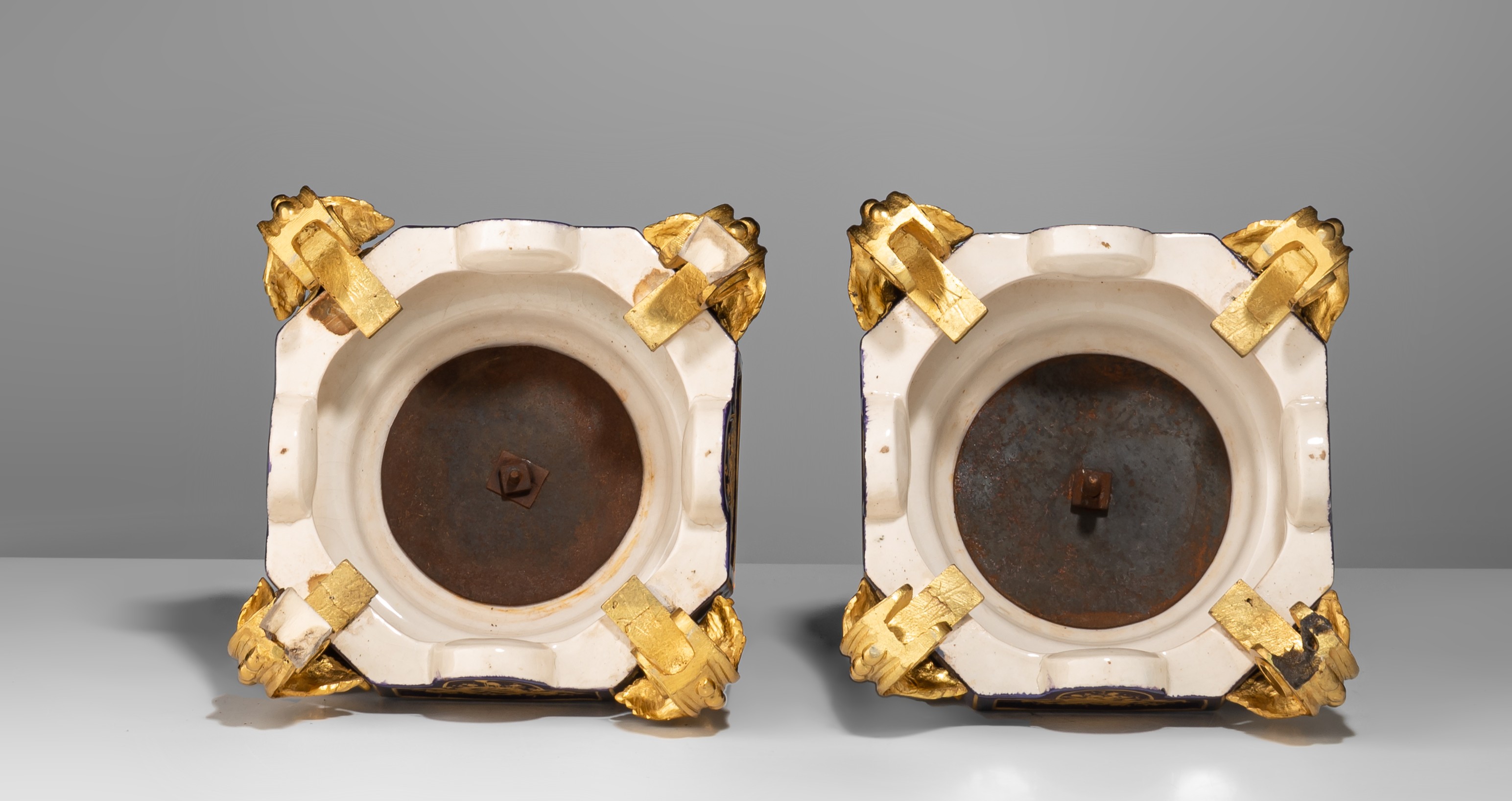 An imposing pair of Sèvres vases, with gallant scenes and gilt bronze mounts, H 97 cm - Image 9 of 13