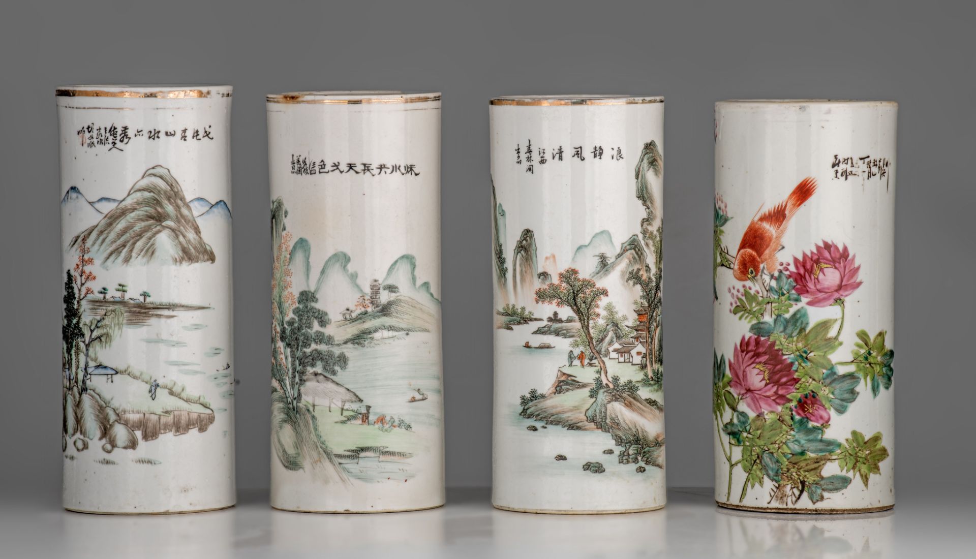 A collection of four Chinese Qianjiangcai cylindrical vases, each with a signed text, Republic perio - Image 2 of 7