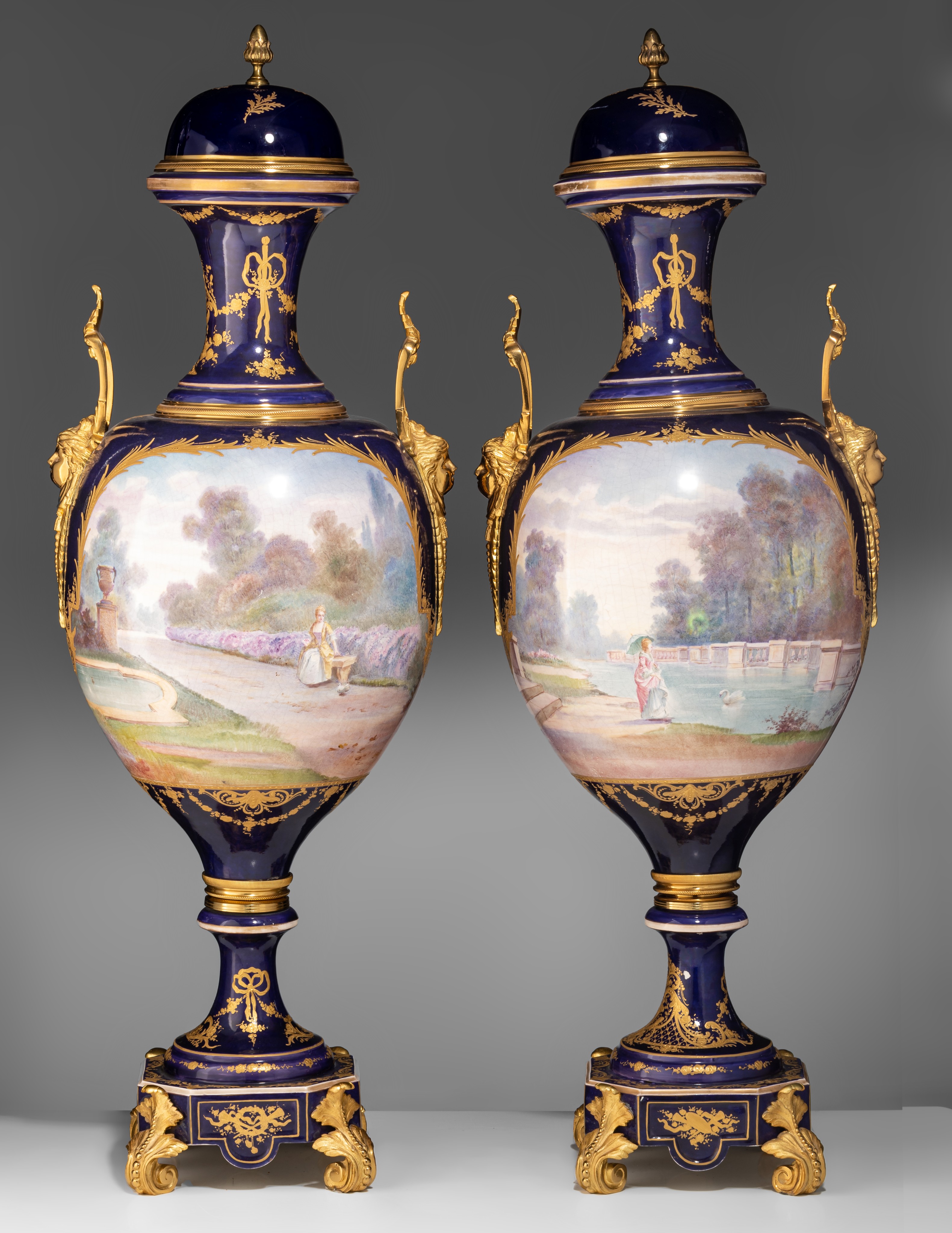 An imposing pair of Sèvres vases, with gallant scenes and gilt bronze mounts, H 97 cm - Image 4 of 13