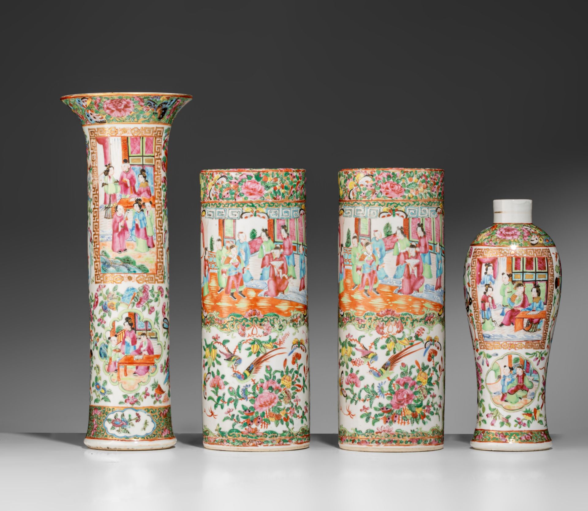 Four Chinese Canton famille rose garniture vases, 19thC, tallest H 39 cm - Bild 2 aus 7