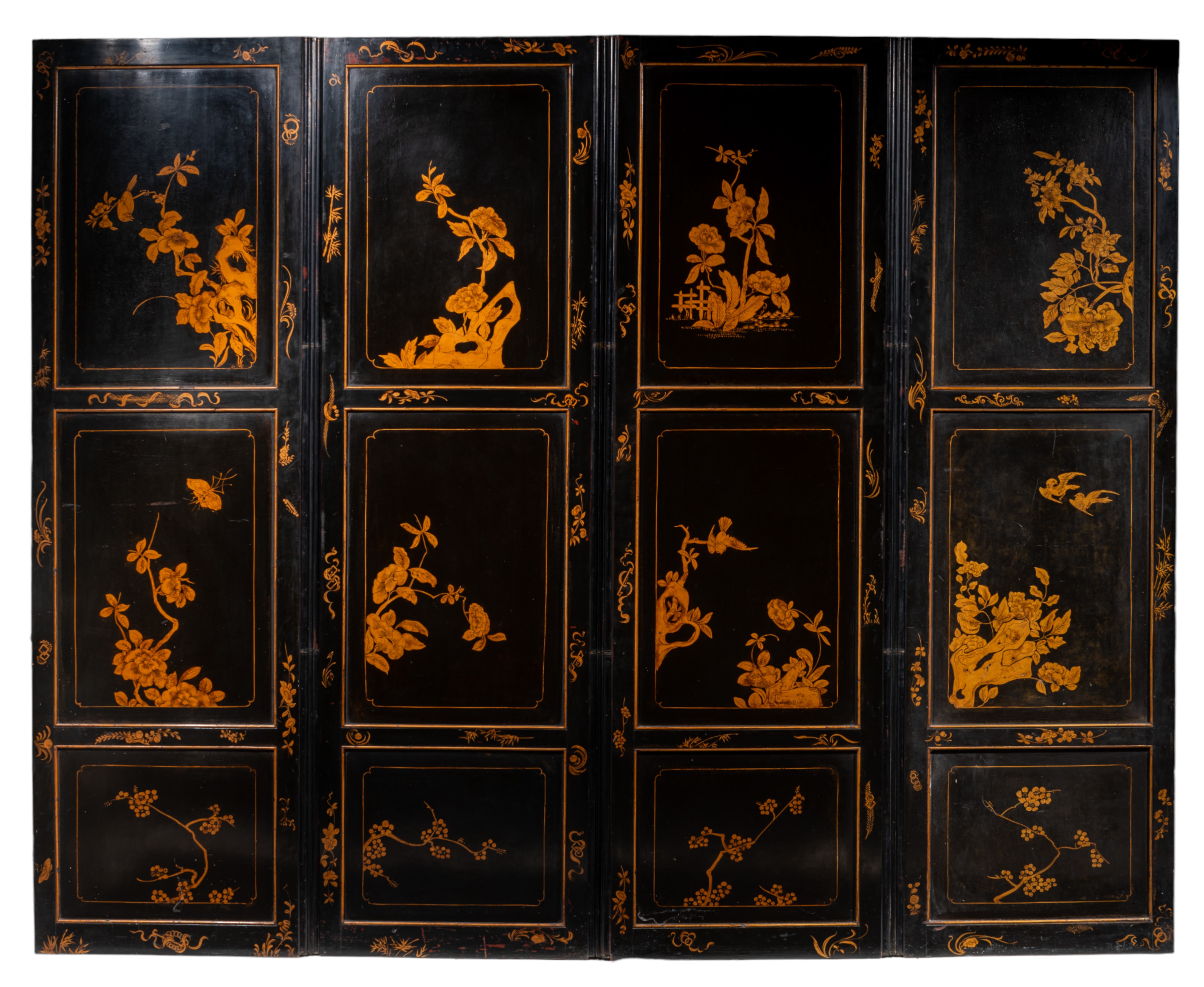 A Chinese gilt and black lacquered four-panel chamber screen, late 19thC, 60 x 198 cm (each panel) - Image 2 of 5