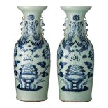 A similar pair of Chinese blue and white on celadon ground 'Phoenixes and Peonies' vases, 19thC, H 5