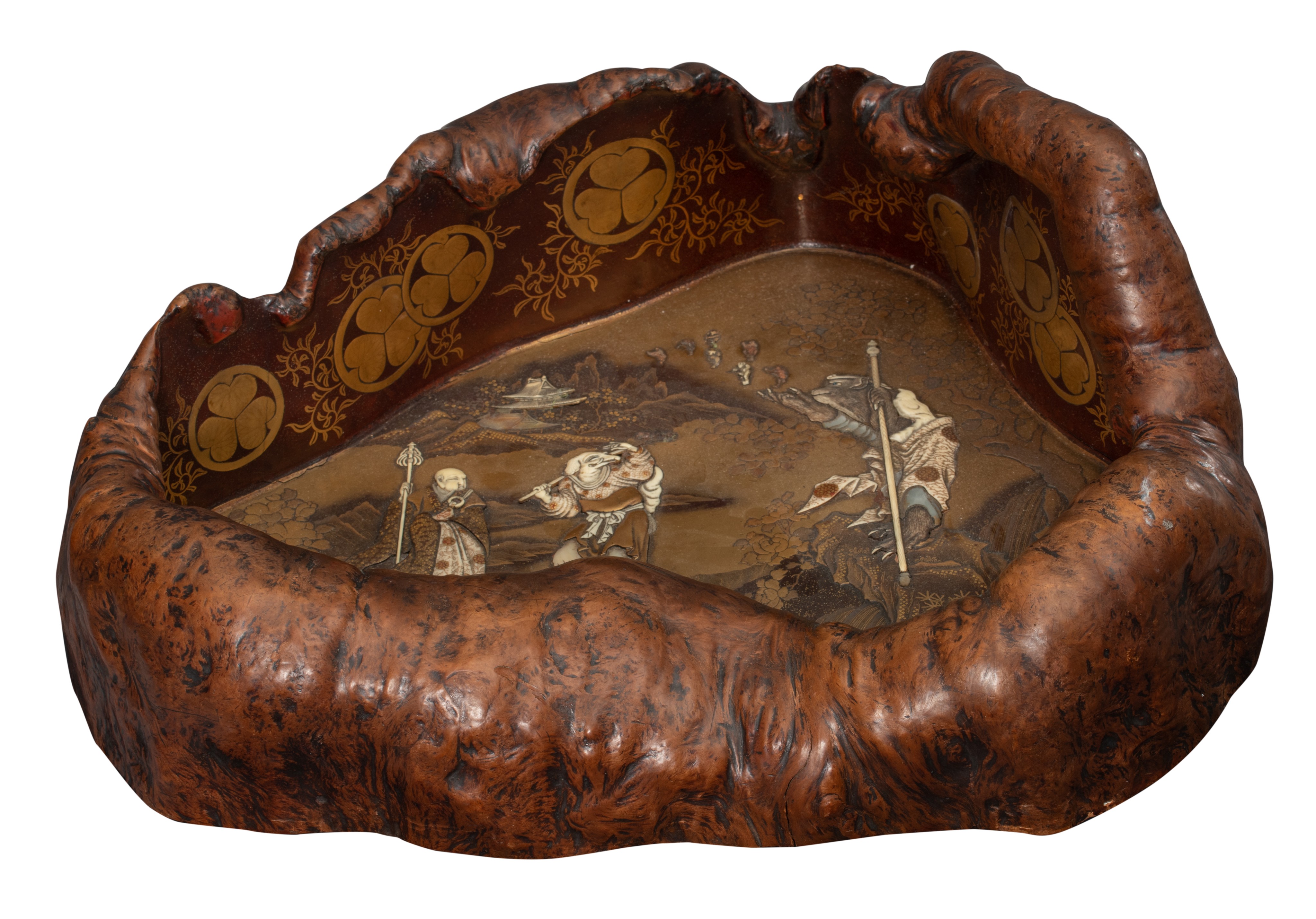A fine Japanese 'Journey to the West' Shibayama inlay and gold lacquered decorative burlwood bowl, m
