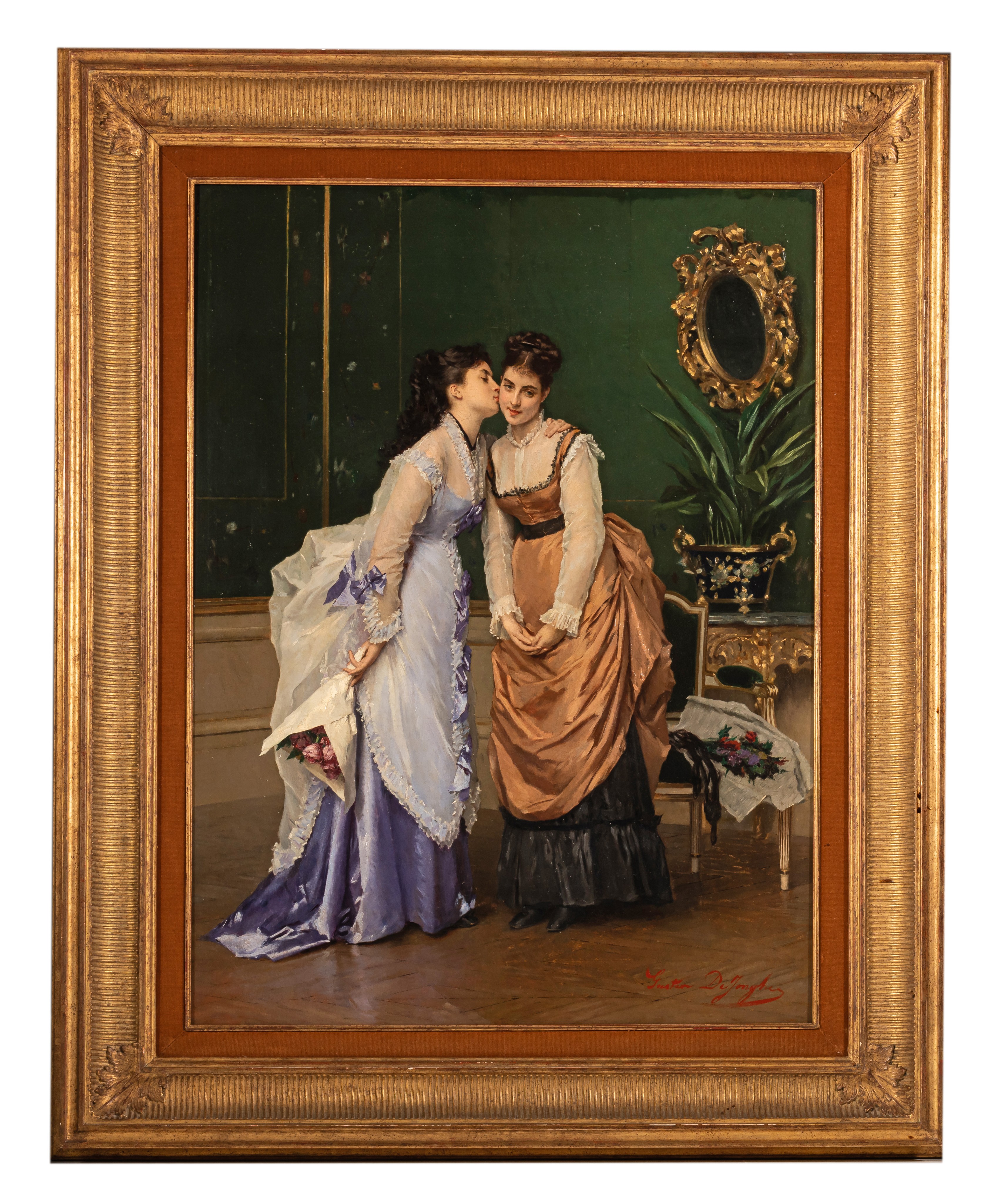 Gustave De Jonghe (1829-1893), two elegant sisters in a luxurious interior, oil on panel, 54 x 74 cm - Image 2 of 5