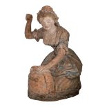 A very large polychrome terracotta sculpture of a woman drying the laundry, 18thC, H 90 cm