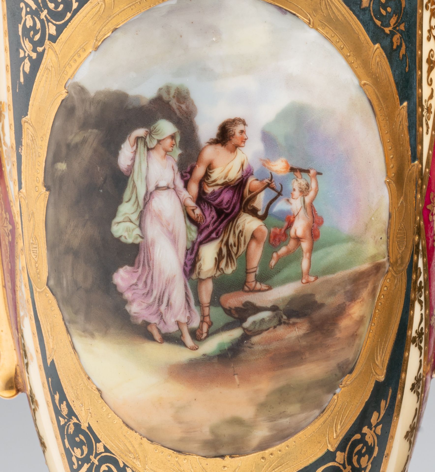 A fine pair of Vienna porcelain oblong vases with mythological scenes, marked, H 42,5 cm - Image 11 of 13