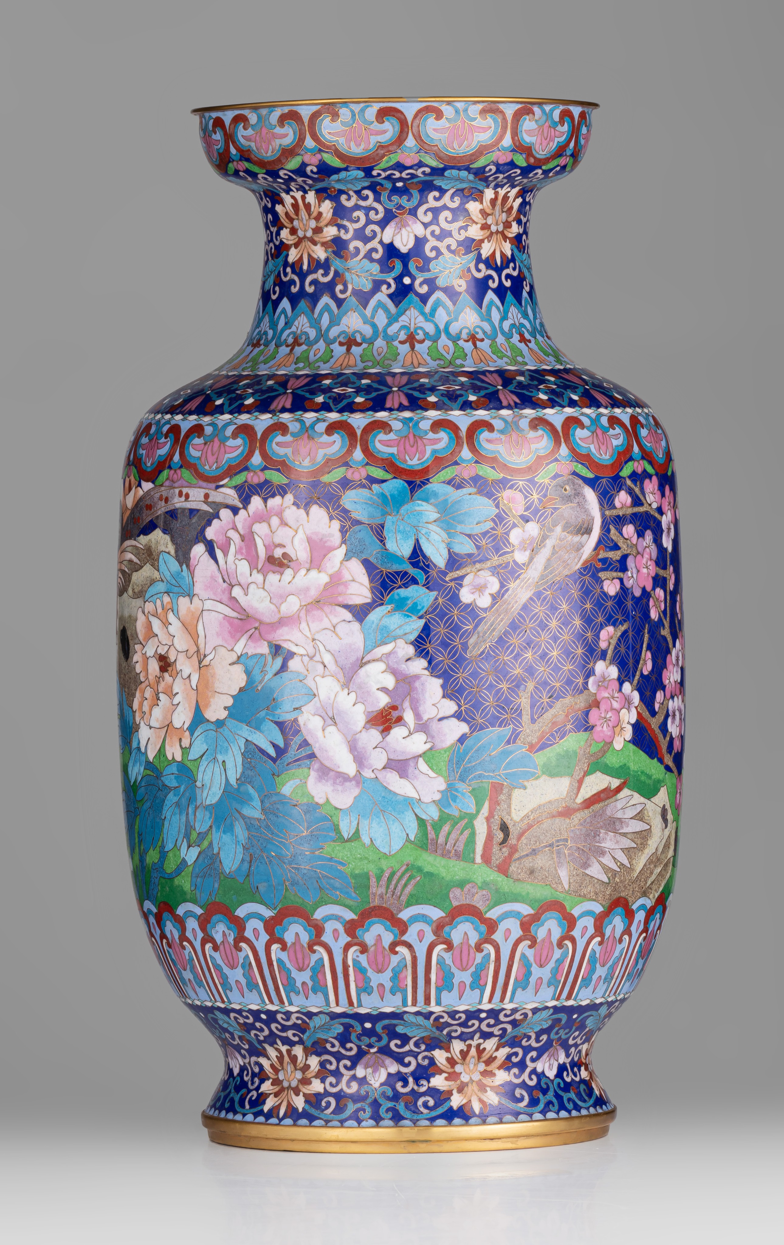 A pair of Chinese cloisonné enamelled 'Birds and peonies' bronze vases, 20thC, H 51,5 cm - Image 4 of 14