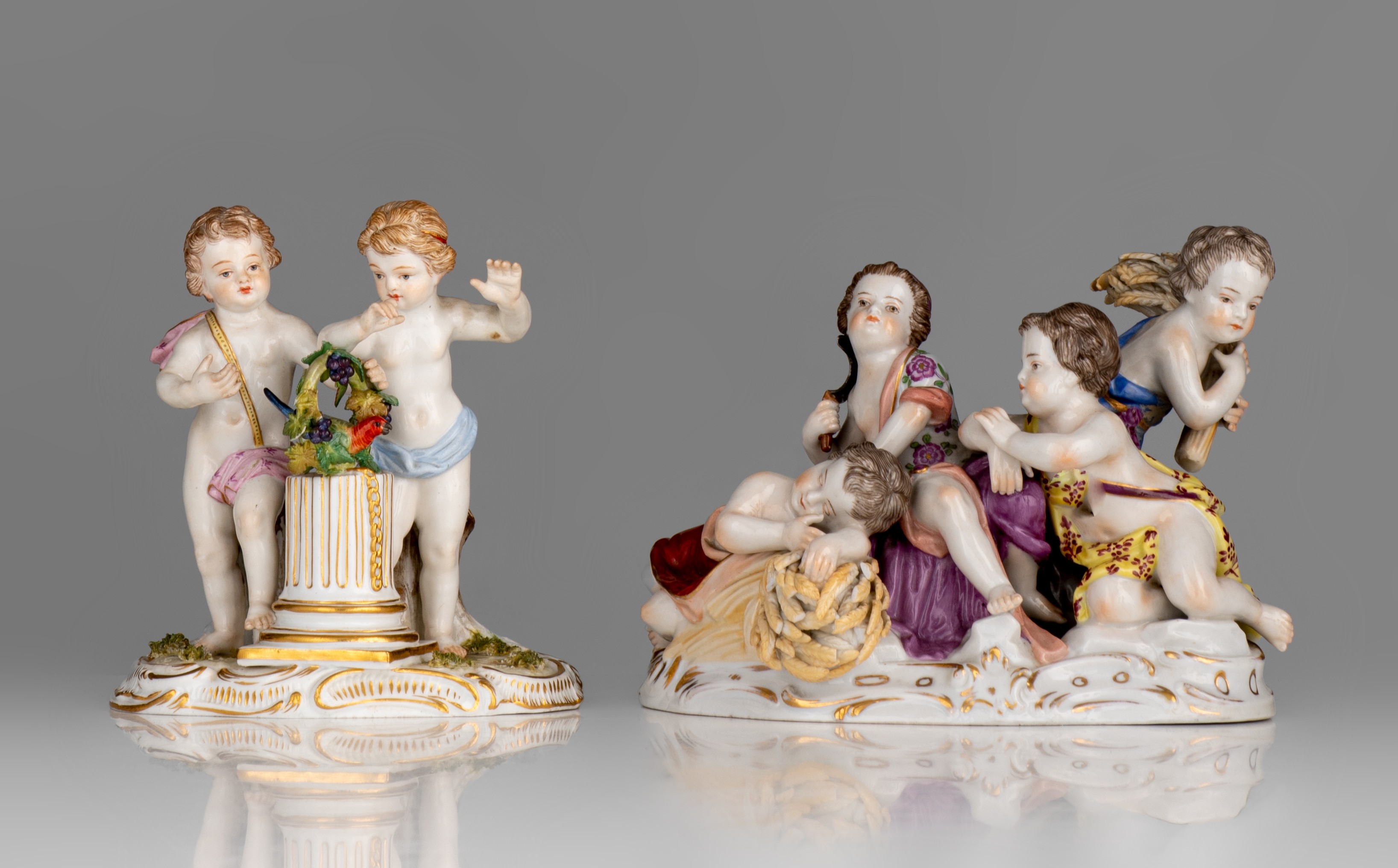 Two fine polychrome Saxony groups, marked Meissen and Rudolfstadt, 19thC, H 12 cm - Image 2 of 8