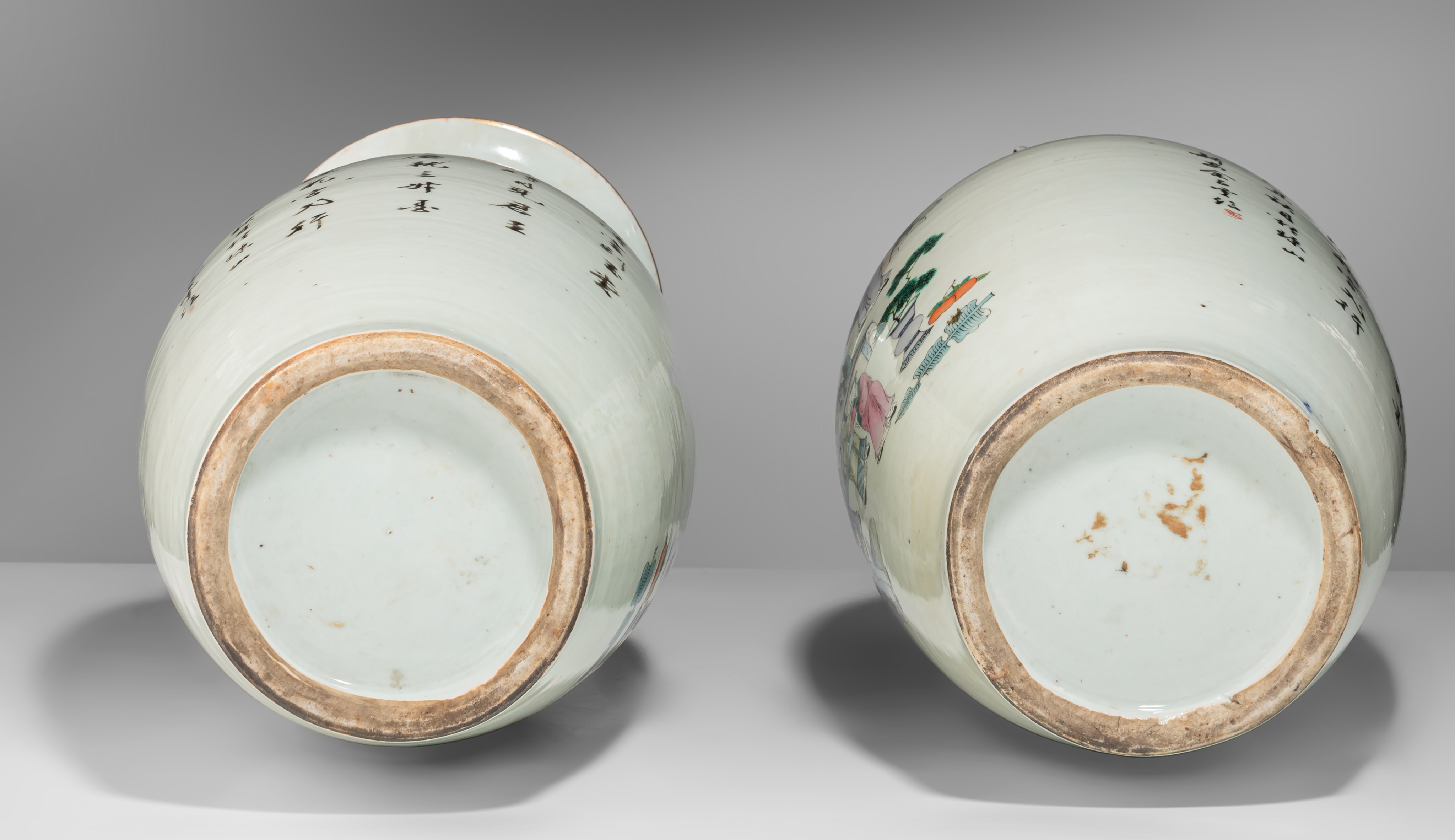 A pair of Chinese Qianjiangcai 'Scholars' vases, paired with lingzhi handles, Republic period, H 58 - Image 7 of 7