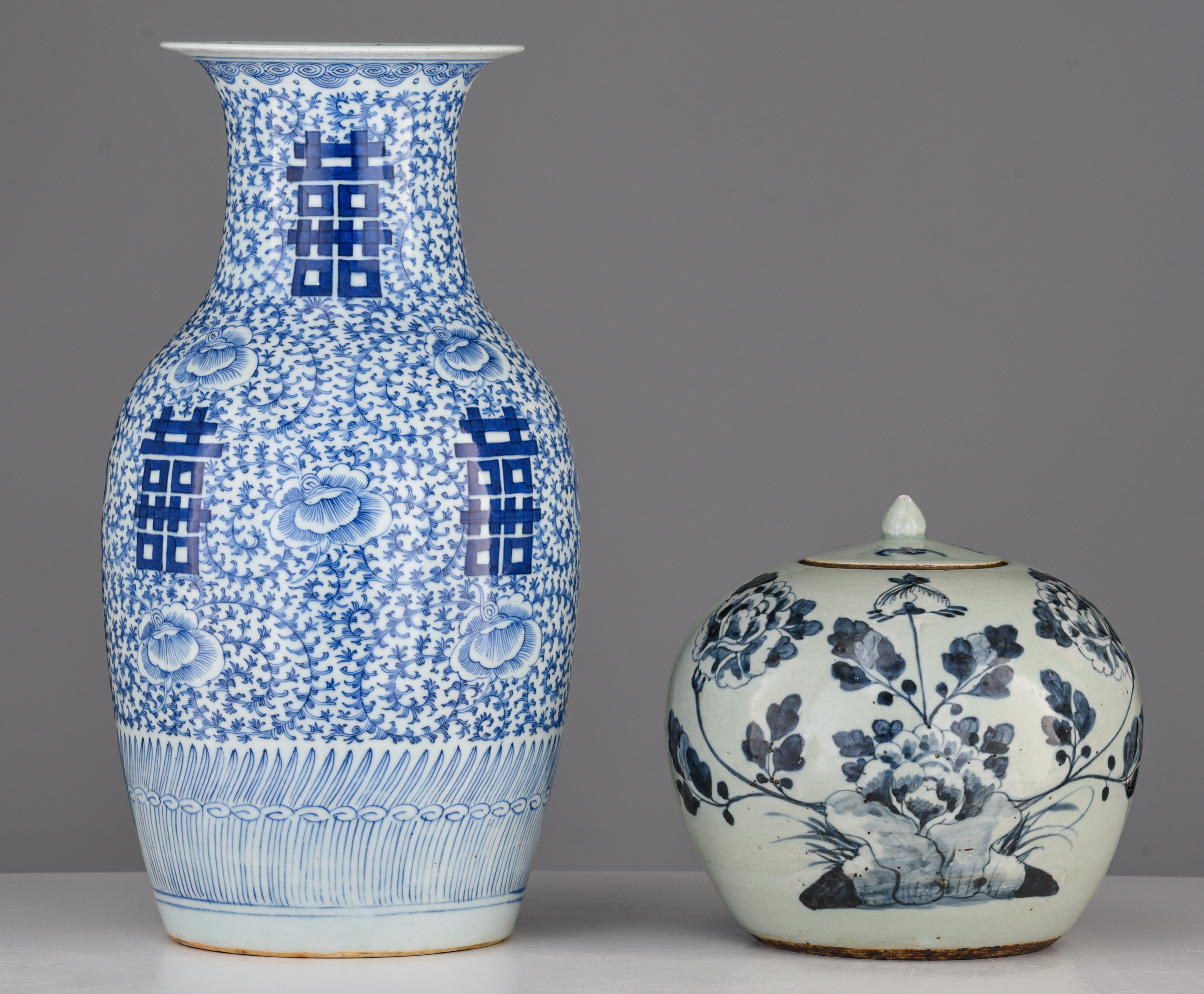 A Chinese blue and white 'Double-Xi' vase, 19thC, H 42,5 cm - added a blue and white on celadon grou - Image 2 of 7